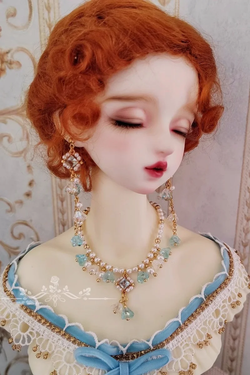 bjd Doll Necklace fits 1/4 1/3 SD17 Uncle size Earrings Light blue Pearl jewelry Doll accessories