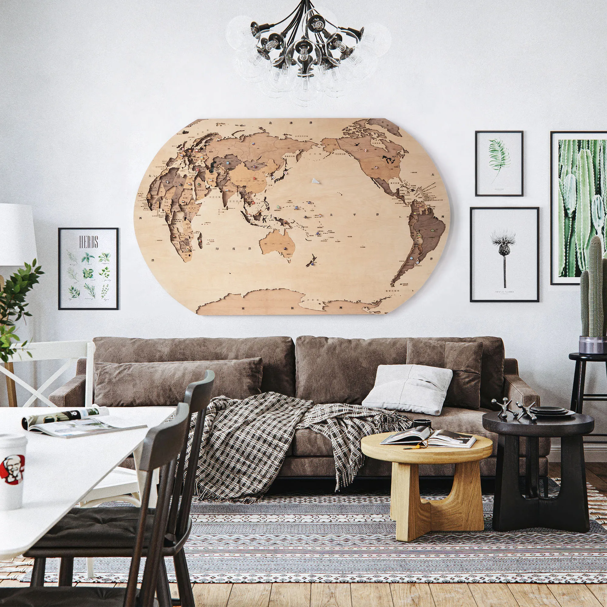 Ladder wood stacked solid wood world map wall decoration 3d three-dimensional concave and convex decorative painting wall view 4