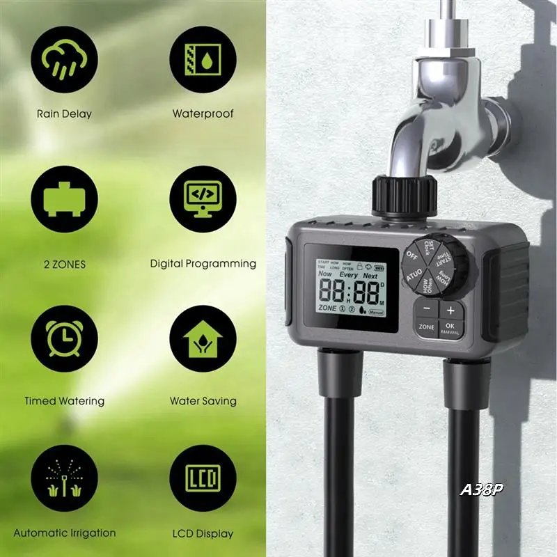 

2-Way Programmable Watering Timer For Greenhouse, Lawn Automatic Hose Tap Irrigation System With Drip Controller Valve NH3/4”