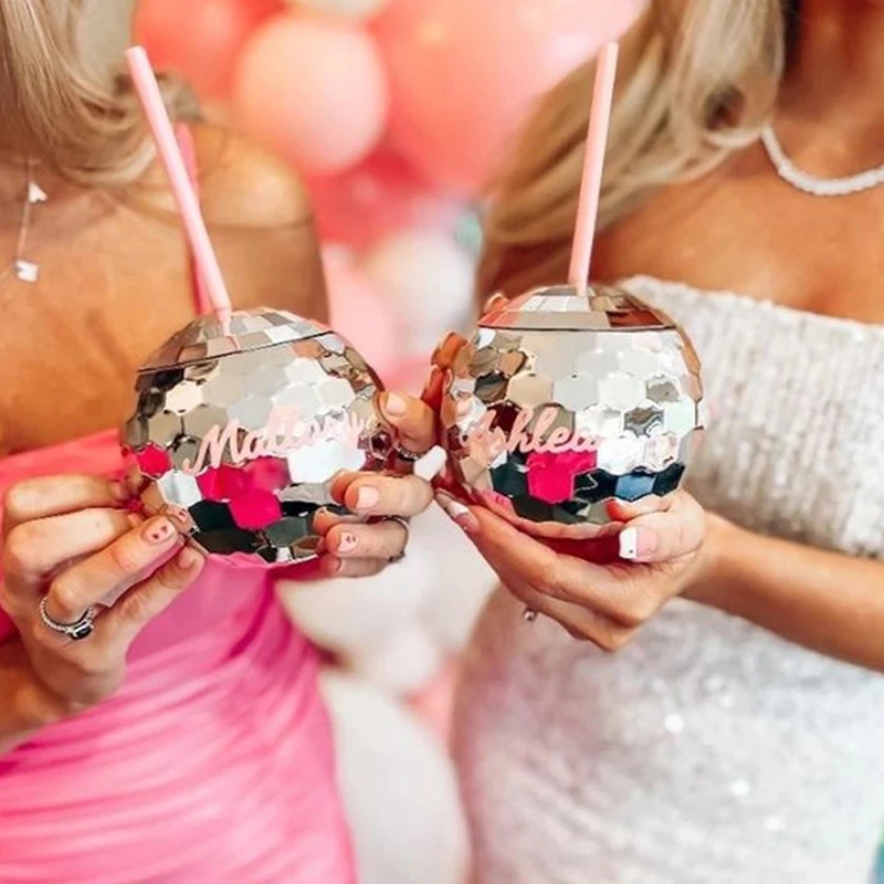 Disco Ball Cup with Straw Wedding Bridal Shower Bachelorette Hen Party Supplies Cocktail Drink Cups Summer Birthday Party Decors