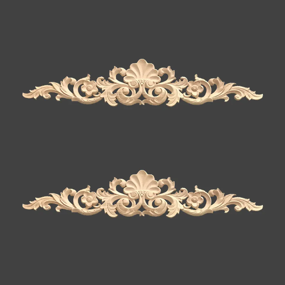 2Pcs Solid Wood Onlay Mouldings Wooden Applique Decal Carved Unpainted Modern Long Flower Rubber Wood Corner Furniture Decor