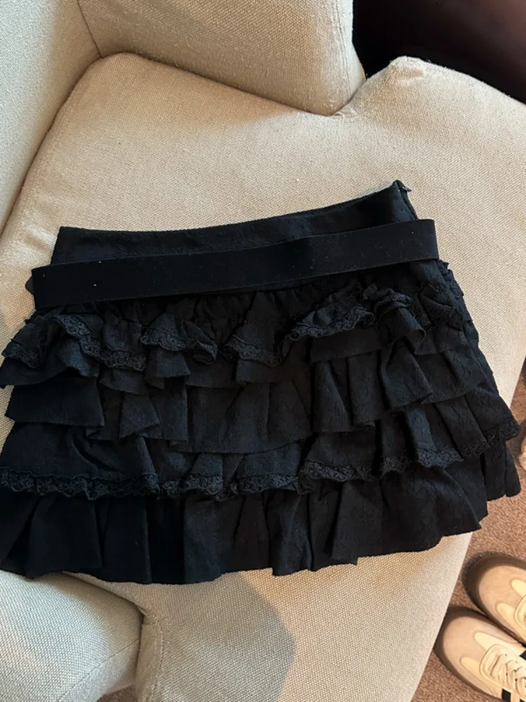 Słodka spódnica w kształcie litery A z wysokim stanem i koronkowym wykończeniem dla kobiet, baletowa spódniczka, spódnice typu cake, puszyste spódnice, wersja koreańska, odzież codzienna.