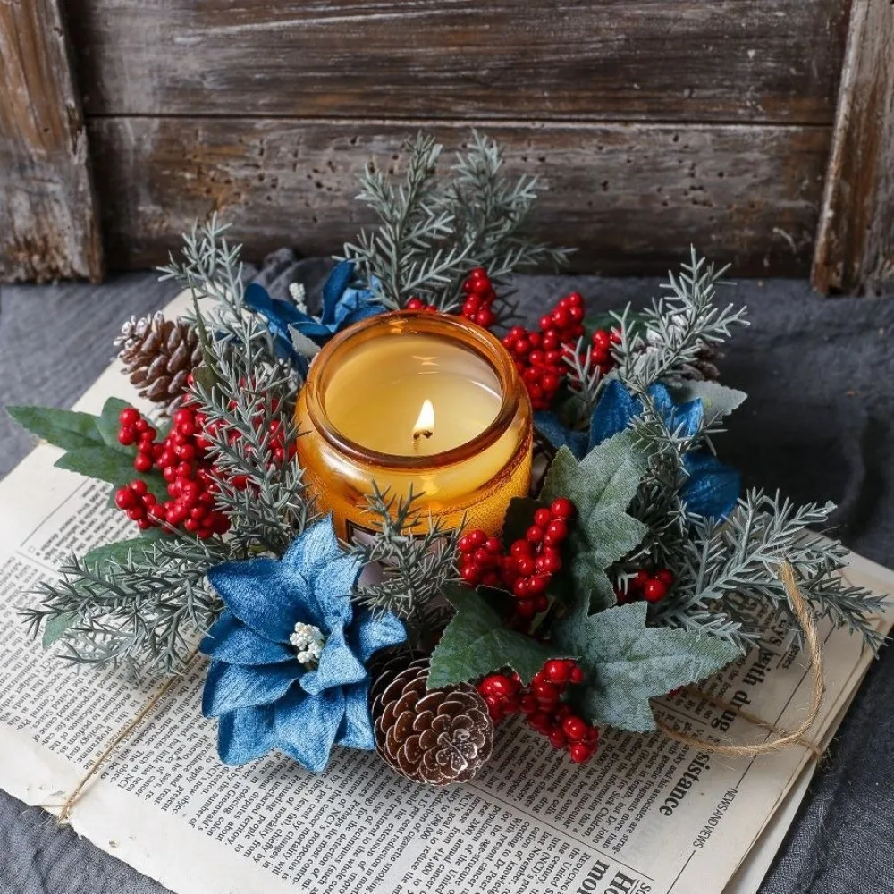 Artificial Pine Needle Christmas Candle Ring Red Berry Plastic Pillar Candle Garland Elegant Durable Table Centerpiece