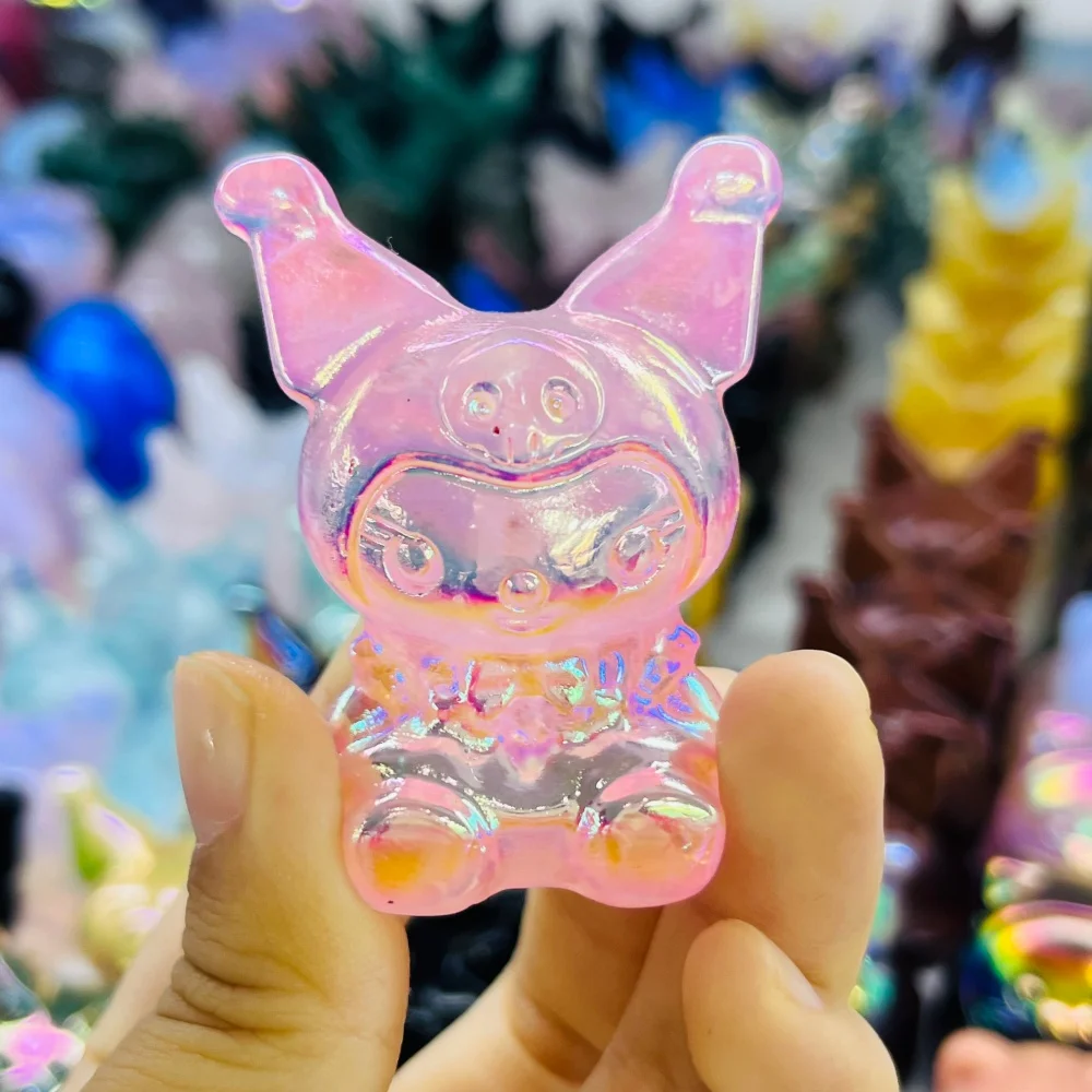 Crystal Quartz Sanrio Kuromi Aurora Quartz Carving Polished Healing Figurine Home Decor Cartoon Cat Craft Gift