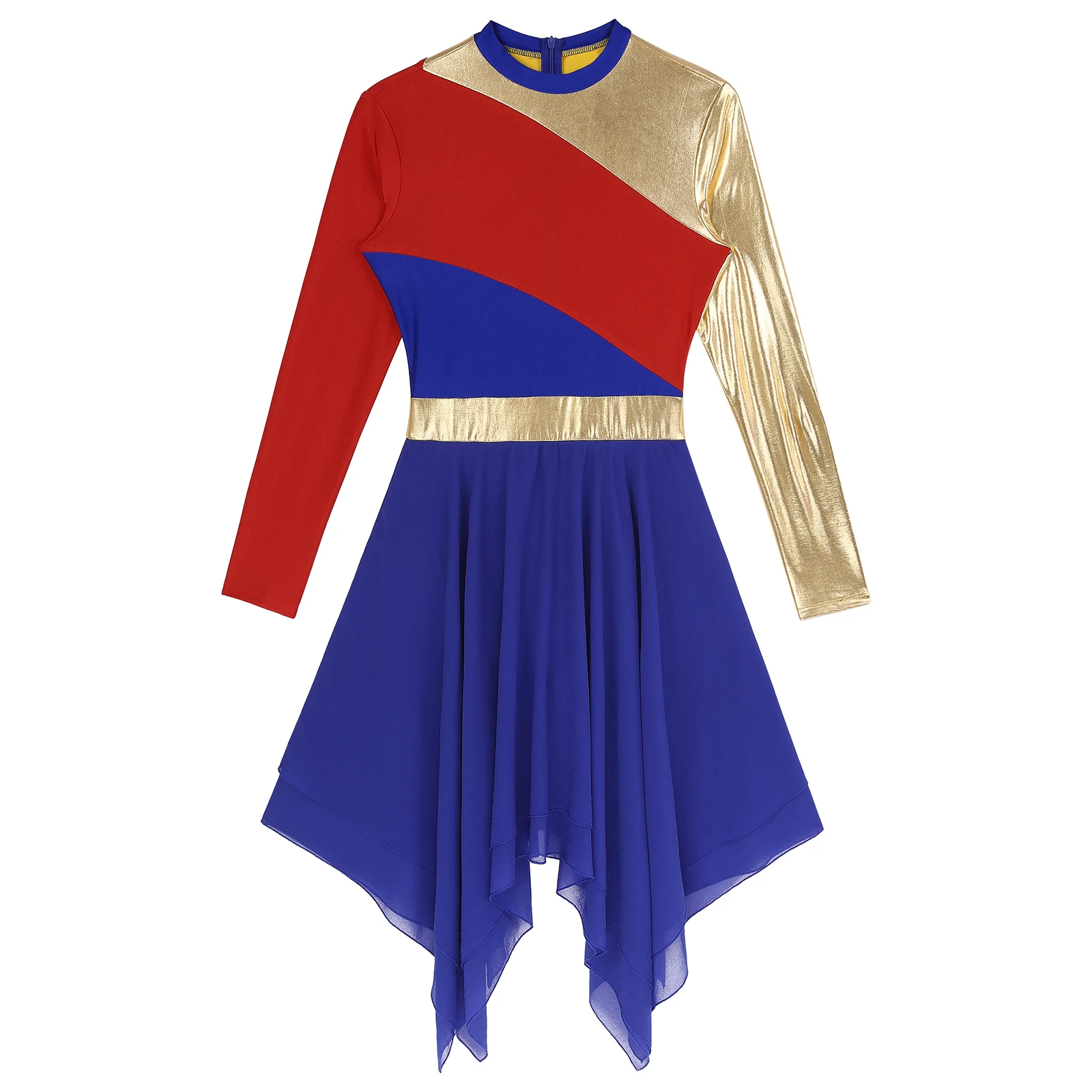 Costume de danse moderne lyrique pour femmes, robe de ballet patchwork, manches longues, ourlet irrégulier, tenue de réunion, vêtements de danse de