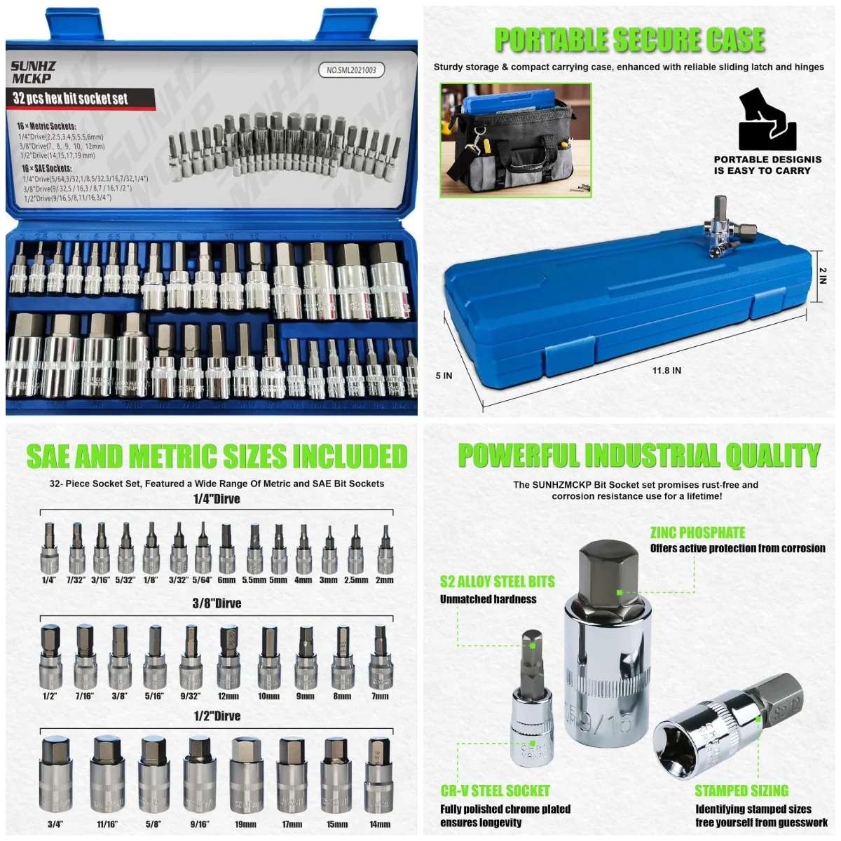 

SUNHZMCKP Набор шестигранных головок из 32 предметов, приводы 1/4', 3/8', 1/2', SAE и метрическая, сталь S2 и Cr-V, футляр для хранения