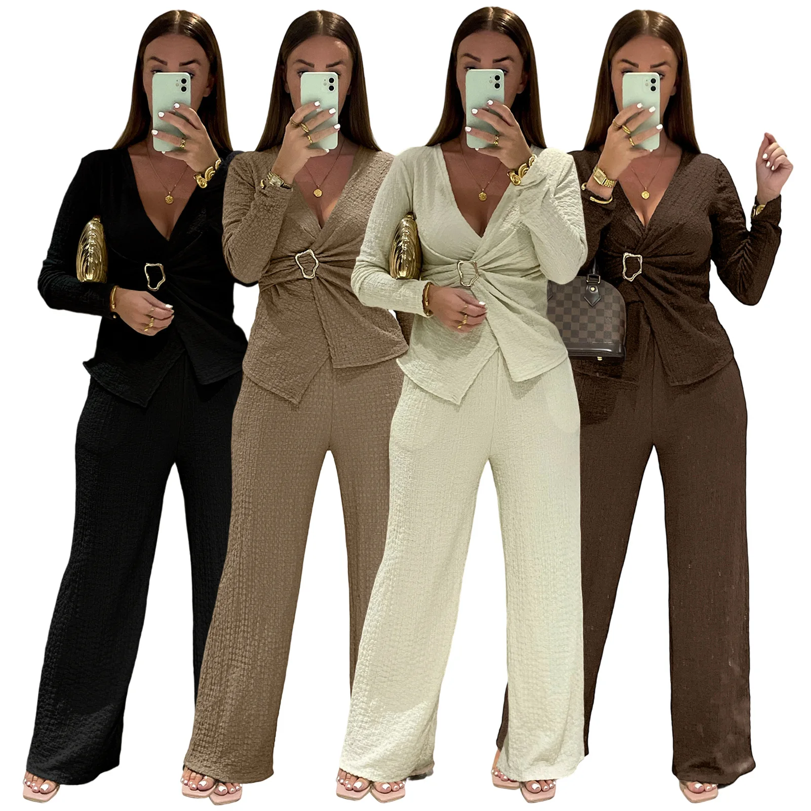 Elegant Office Lady Casual Chic Solid Damespak Metalen knop Slanke blouse Tops Wijde pijpen Broek Tweedelige mode 2025, herfstsets