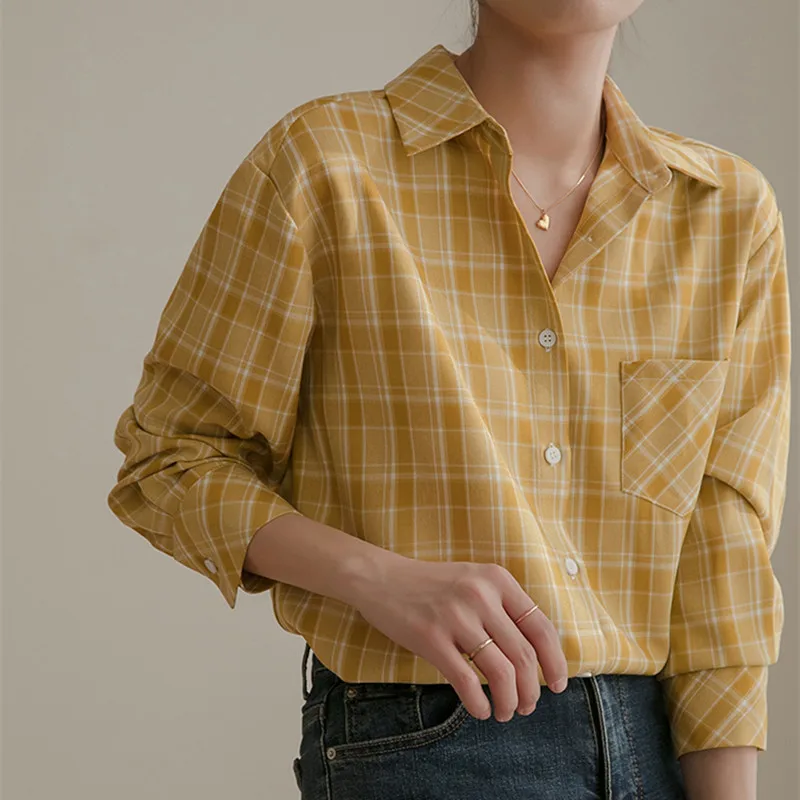 REALEFT 2022 New Vintage Plaid Women's Blouse One Pocket Turn-down Collar Casual Female Blouse Chic Tops Workwear Shirts Spring