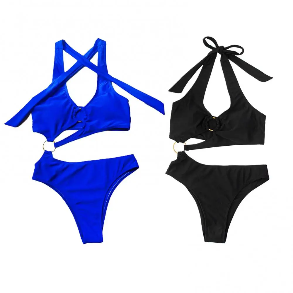 Sexy Swimsuit for Women Bikini Halter Bra Briefs Hollow Out O Ring Solid Color Bikini Swimwear Set