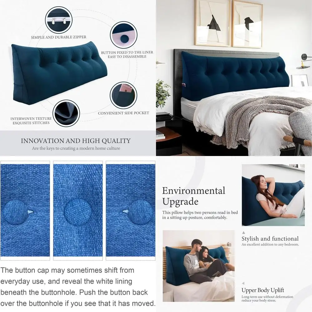 

King Size Velvet Blue 3-in-1 Bed Pillow - Wedge Reading, Couch Daybed Support, Backrest Cushion for Comfortable Sitting