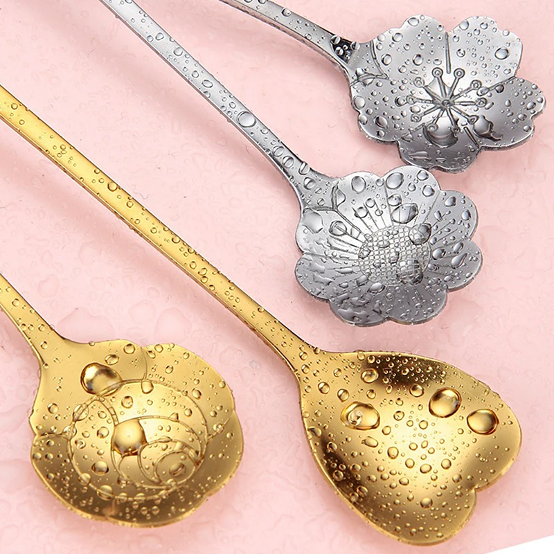 1Pcs Coffee Spoon Stainless Steel Cherry Blossom Rose Creative Long Handle Gold-plated Flower Spoons Kitchen Accessories
