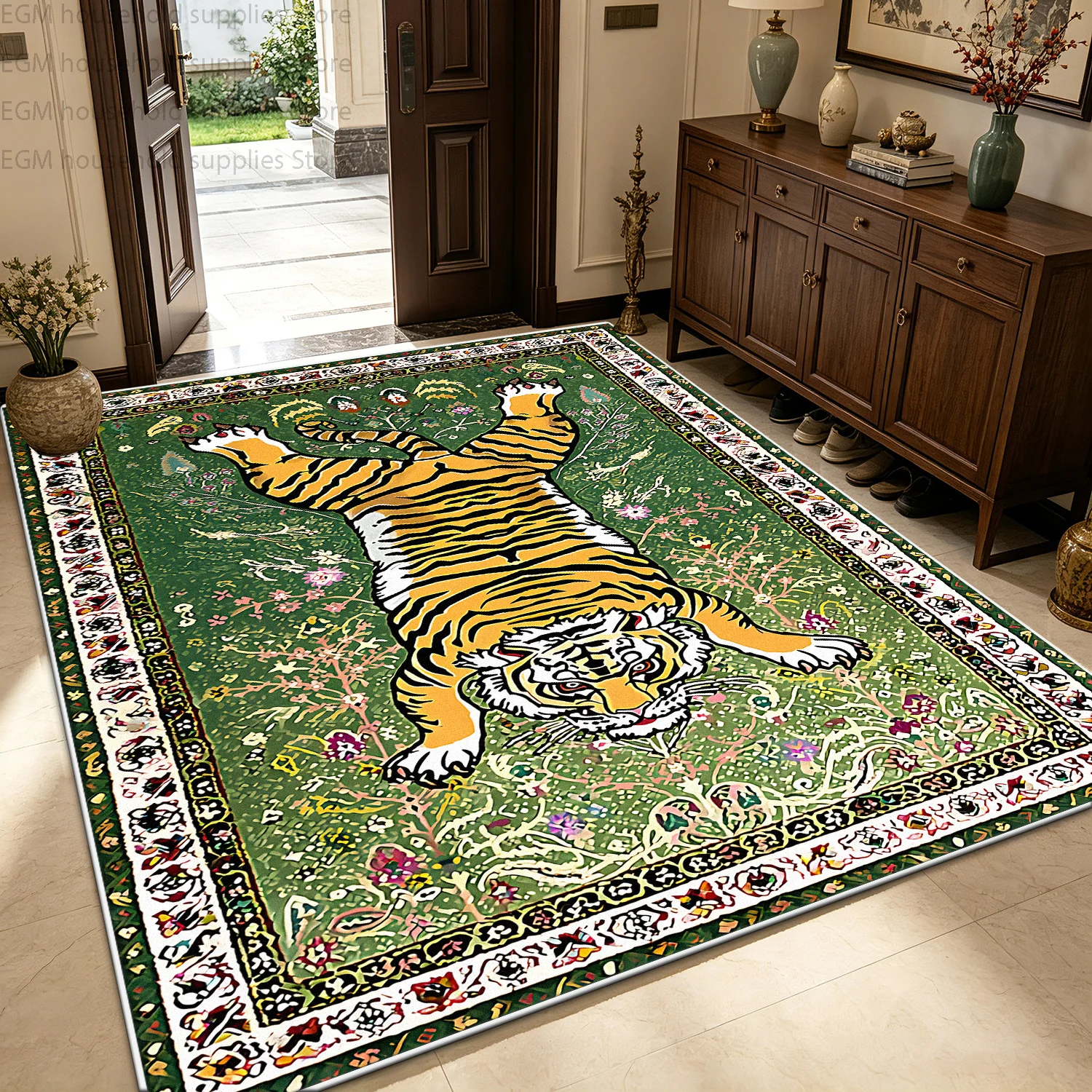 Retro Tiger Printed Large Carpet for Living Room Decor Rug Non-slip Washable Short Velvet Soft Entrance Lounge Floor Mat Bedroom