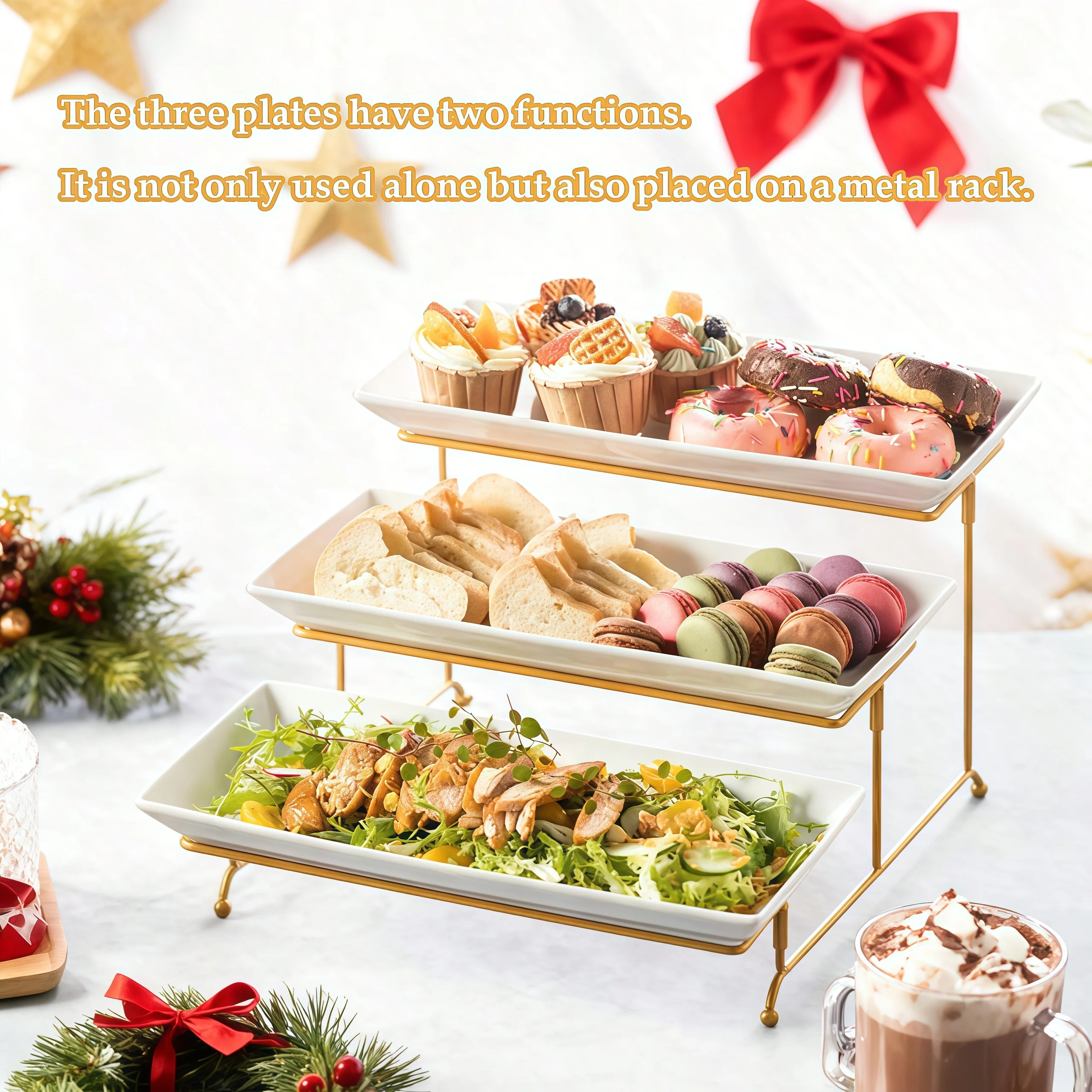 1PCSGolden 3-Tier Cupcake Stand, Foldable Metal Display Rack With 3 Plastic Trays, Multi-Purpose Dessert Snack Serving Tray, Table Decor For Wedding Party Family Gathering, Holiday Party Supplies For Christmas Thanksgiving Easter New Year Mother's