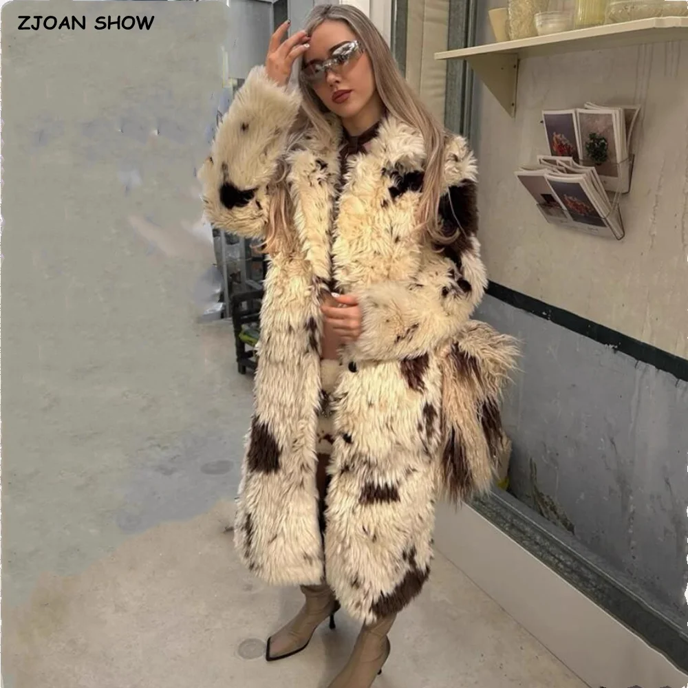 

HIGH QUALITY Winter Lapel Collar Tie dye Cow Hairy Shaggy Faux Sheep Fur Coat Long sleeve Furry Women Warm Jacket Midi Outerwear