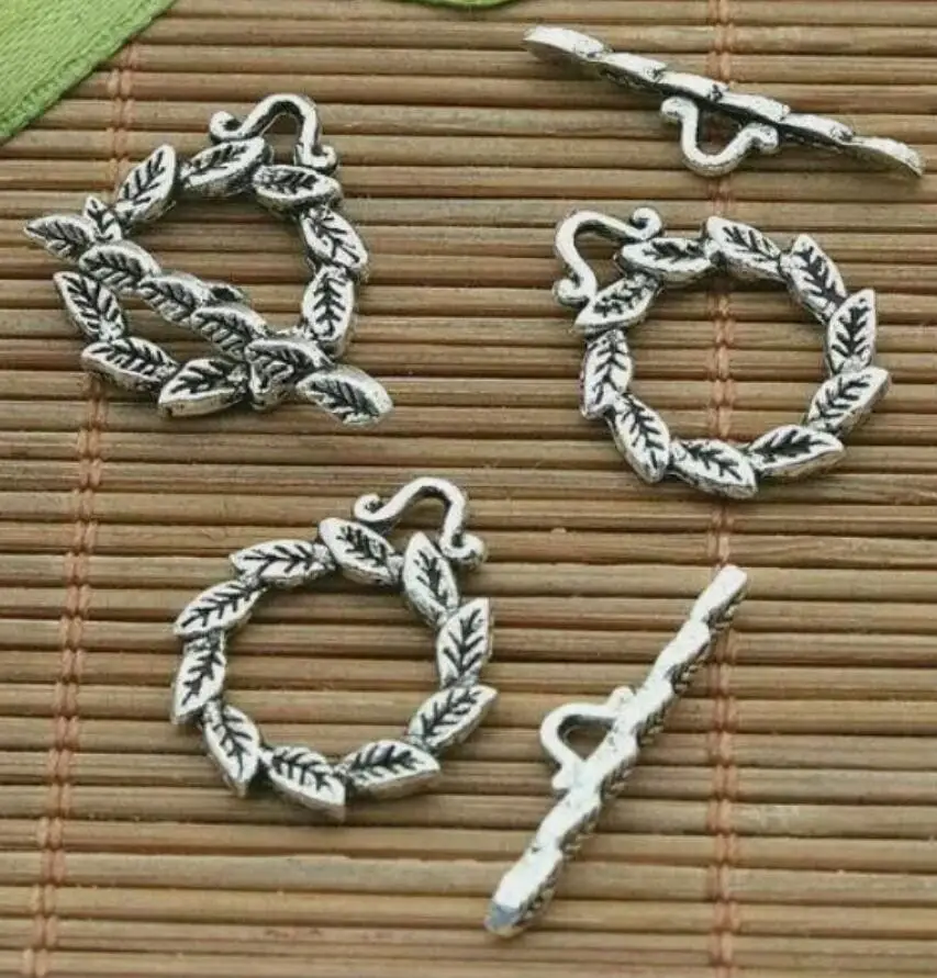 10sets round 15mm,bar:21mm,hole 2mm tibetan silver color 2sided Round 15mm leaf toggle clasp H3663