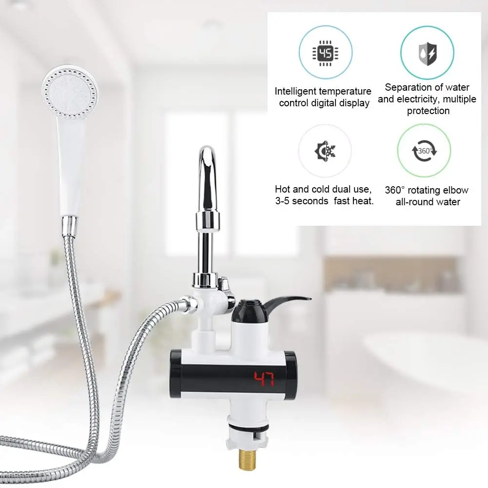 Dual Handle Modern Hot/Cold Instant Water Heater Electric Faucet Shower Head Temperature Display Rotating Spout for Kitchen (EU)