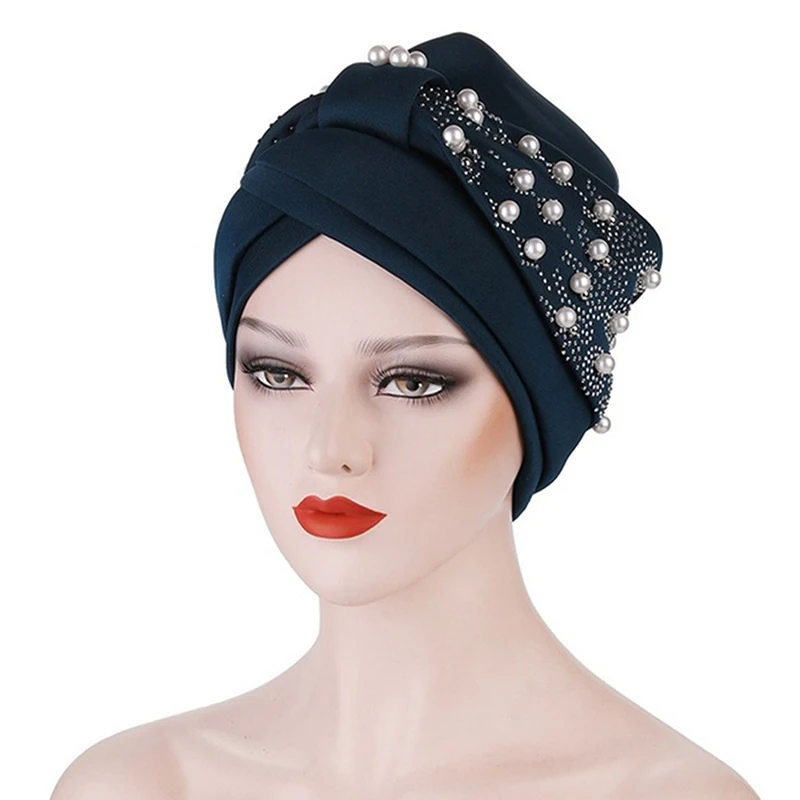 Ladies Turban Stretch Cloth Head Hats Ladies Hair Accessories Muslim Scarf Hats Drill Nail Pearl Toe Caps