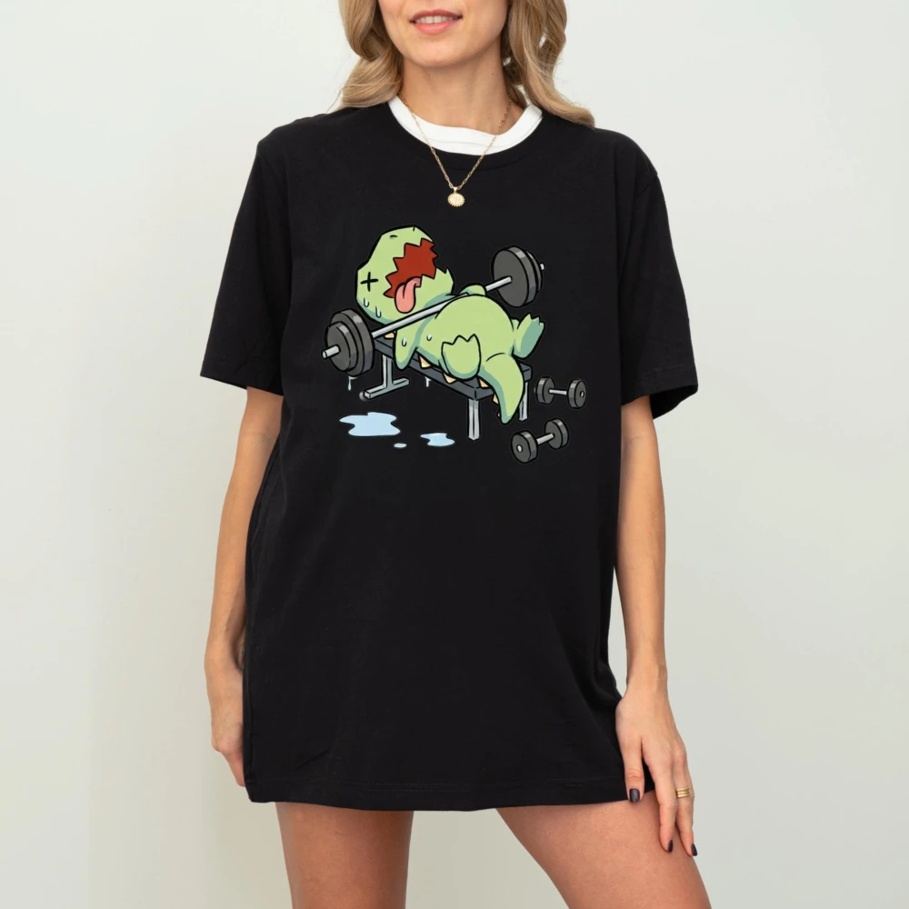 Exhausted Dinosaur Bench Press Cute Cartoon Printing Unisex Tee Trendy Funny Gym Enthusiast Daily Tops Fitness Cotton Tshirt