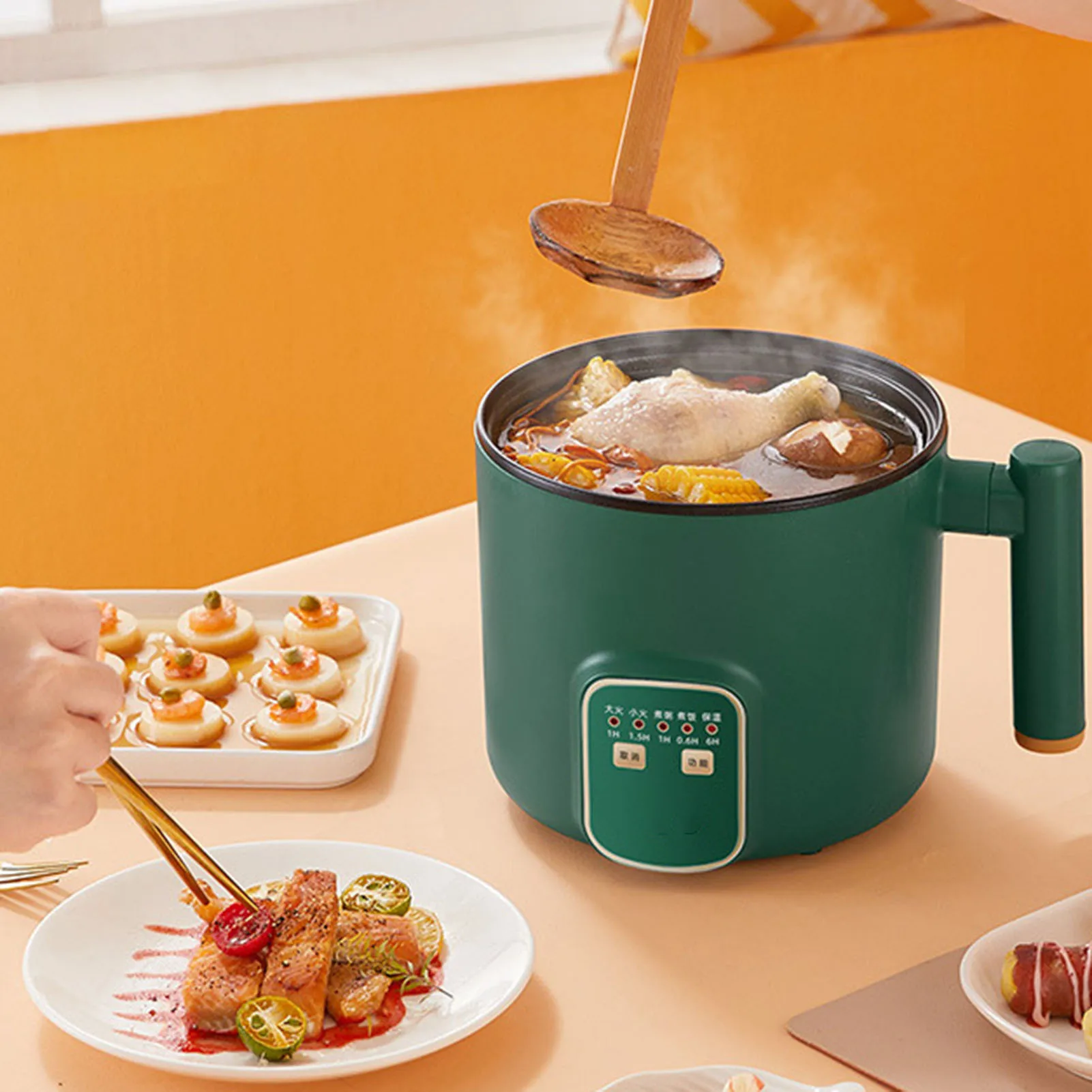 Электрическая горячая кастрюля 1,8 л, мини-многофункциональная электрическая плита для лапши с ручкой для дома, общежития, офиса, двухслойная, зеленая