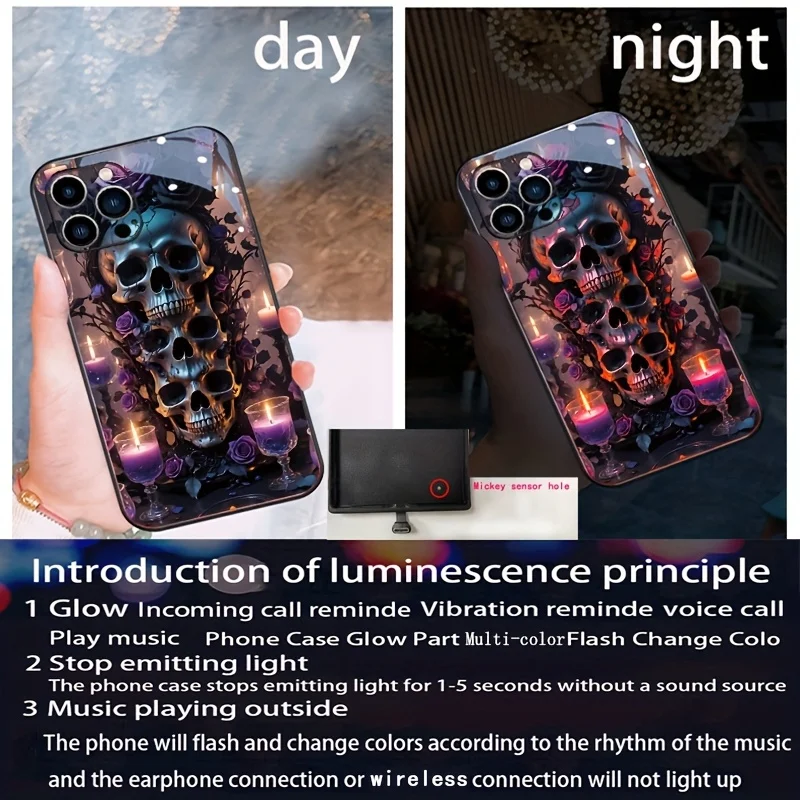 Skeleton Purple Rose Colorful Intelligent Voice Controlled Luminous Phone Case For iPhone 18 Duo 17 16 15 Pro Max 14 Plus 13 12