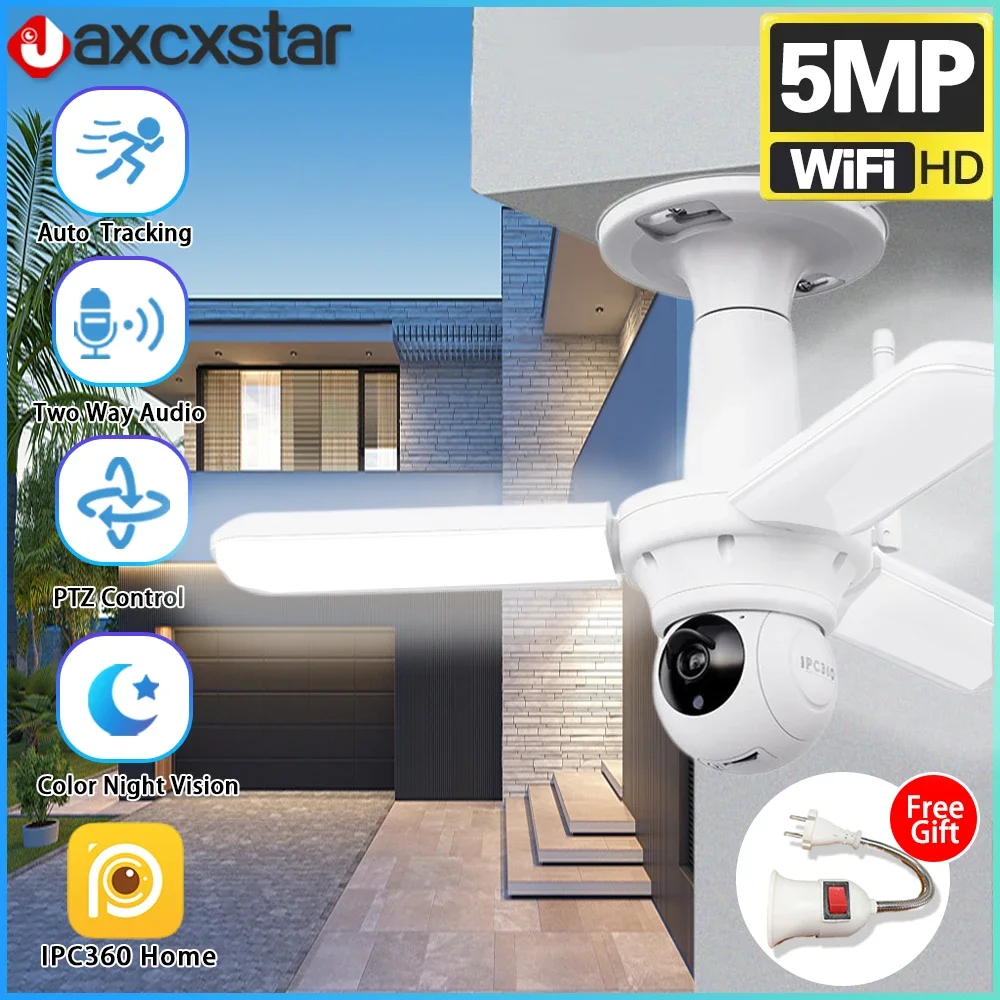 

Smart 5MP WIFI PTZ IP Camera E27 Bulb Floodlight HD Video Wireless Auto Tracking security protection indoor Home CCTV Free plug