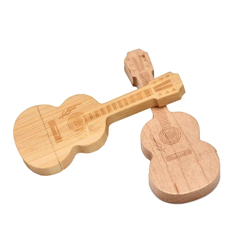 10PCS/LOT Wooden Guitar Shape USB Flash Drives 128GB Free Custom Logo Pen Drive 64GB Wooden Case Memory Stick Photography Gift