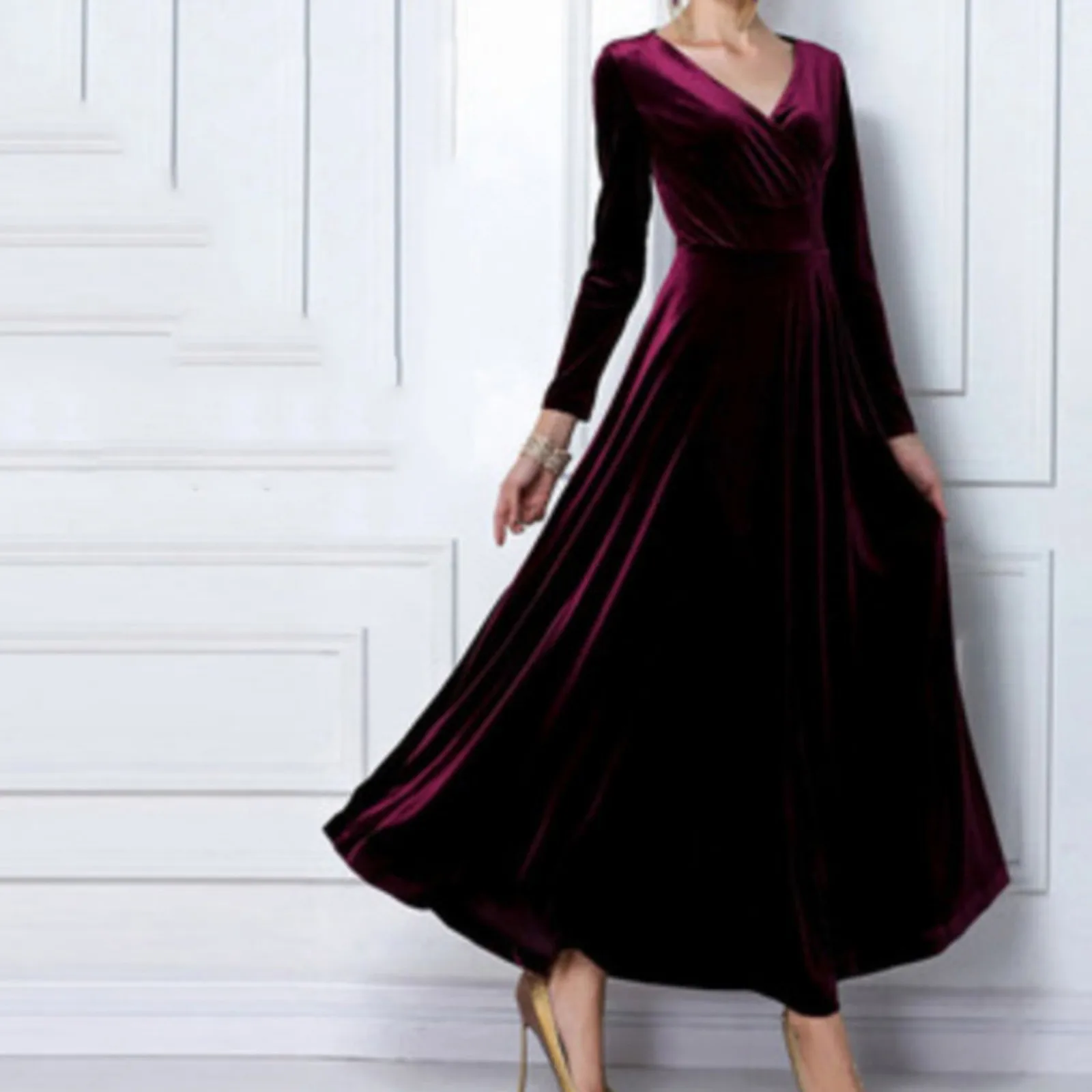 Robe maxi en velours plissé vintage pour femme, manches longues, col en V, robe de soirée élégante, fête de mariage, banquet, automne