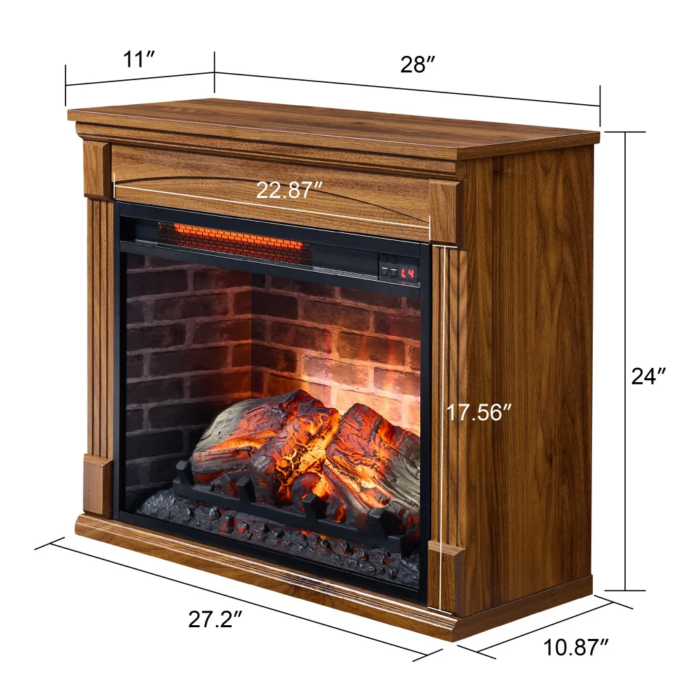 Mantel eléctrico para chimenea de 28 pulgadas, 1500W/ 5000 BTU,11 ajustes de temperatura, estufas de calor con rueda extraíble y LED