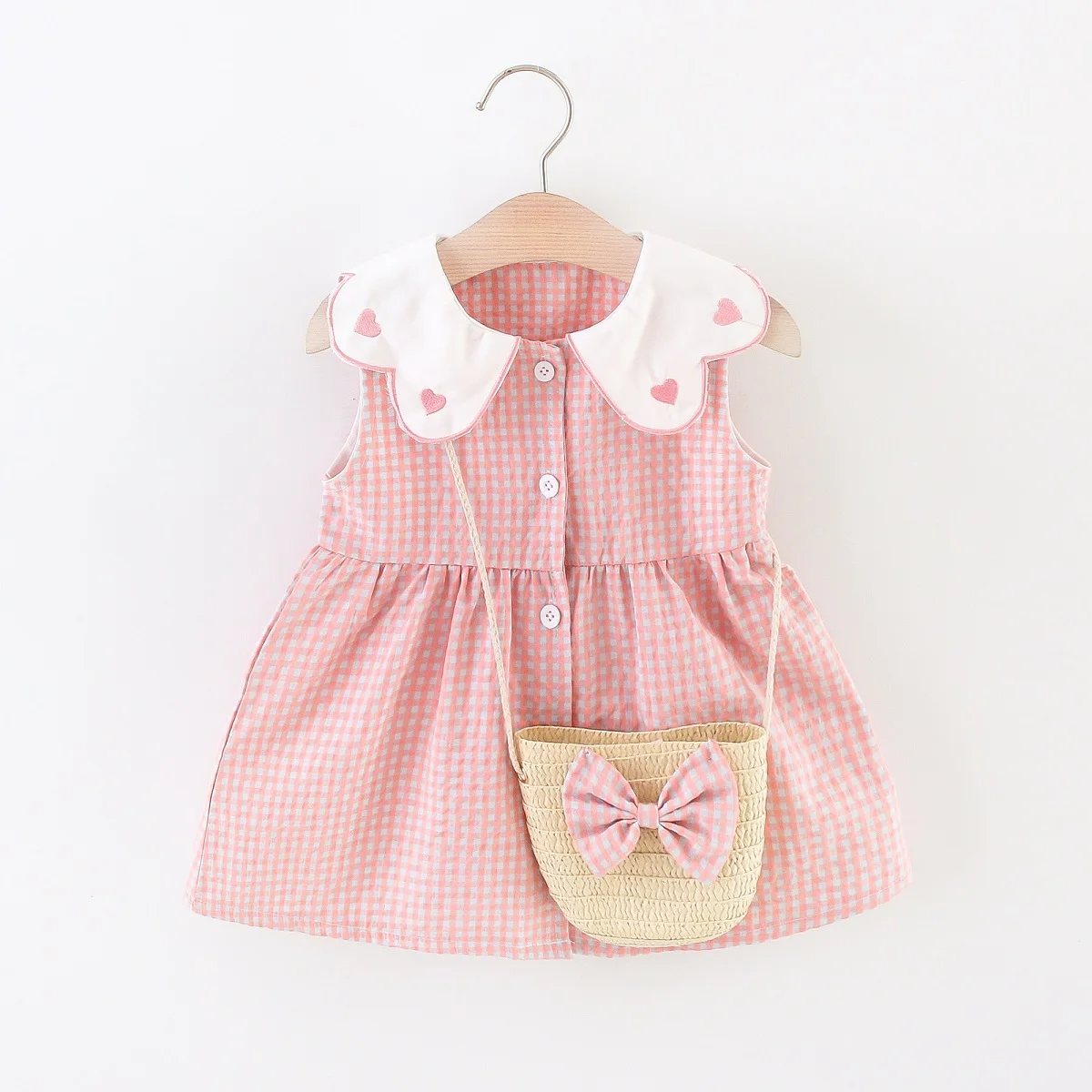 2 Pcs Summer New Dress Girl's Sleeveless Lace Heart Collar Sweet and Beautiful Plaid Button Cotton Cloth Dress