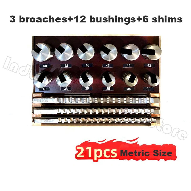 Metric Size Keyway Broach Tool 21pcs Includes10mm 12mm 14mm Broaches 32-50 Bushings Shim  HSS Cutting Tools for CNC Machine