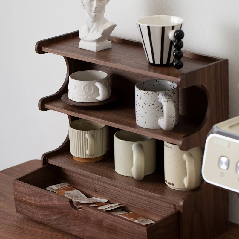 رف أكواب شاي الجوز، منظم كوب خشبي للطاولة، حامل عرض القهوة والشاي الفرنسي لتخزين طاولة الطعام والمطبخ المنزلي