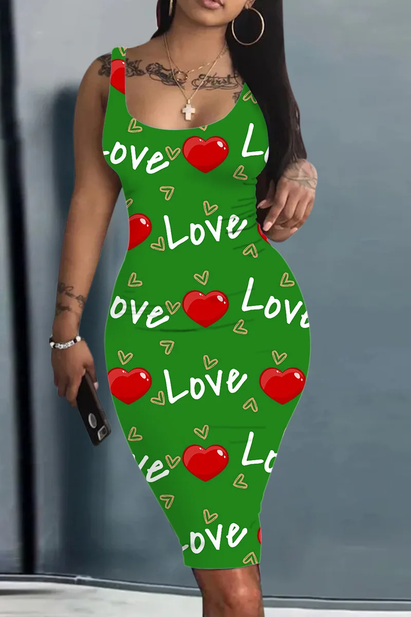 Платье Женское Plus Size Summer Women\'s Dress Large Size Contrast Heart Print U-Neck Sleeveless Casual Bodycon Mini Dresses