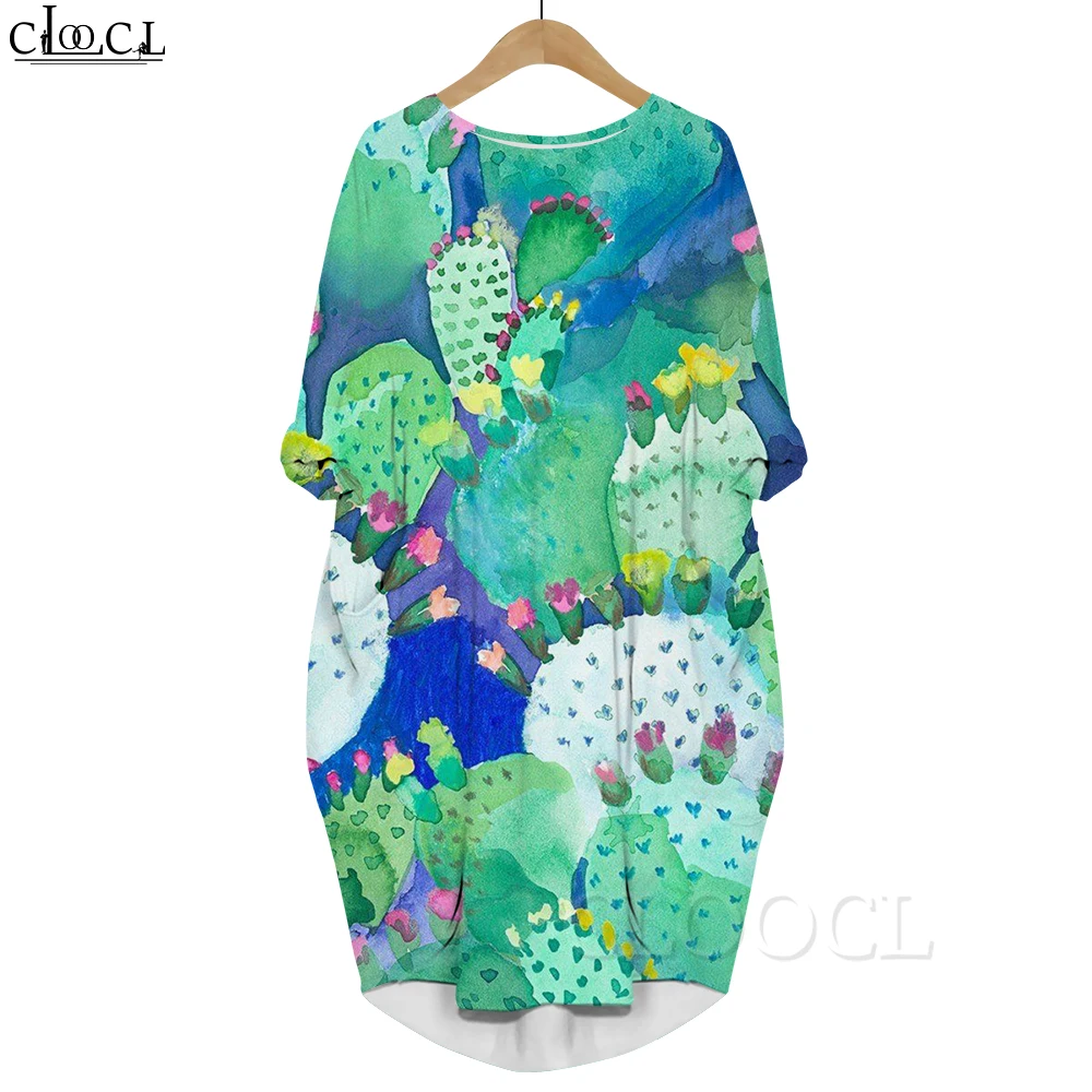 

CLOOCL Autumn Casual Dress Watercolor Cactus 3D Printed Loose Long Sleeves Dress with Pocket Female Clothes Harajuku Style