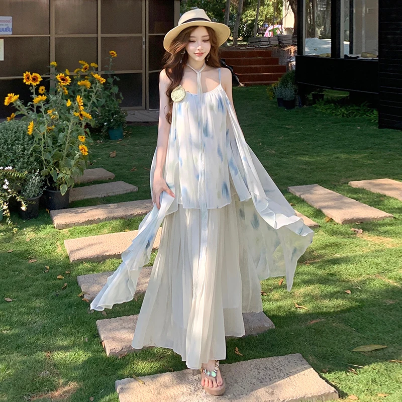 

Beach Vacation Style Asymmetrical Flower Print Halter Dress Women's Long Skirt Summer Season Polyester Fiber Woven Fabric