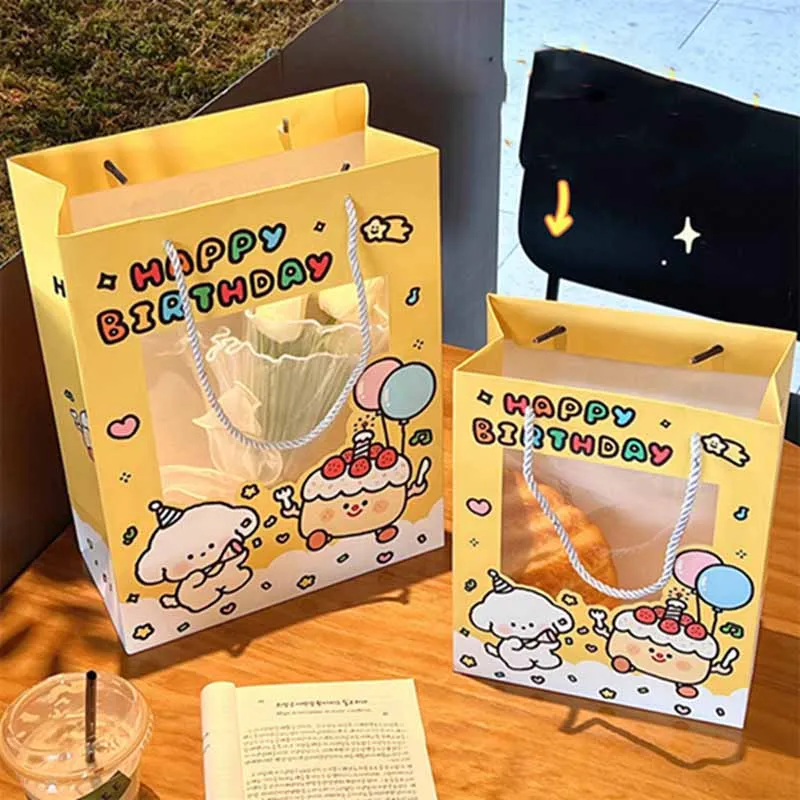 Kawaii Transparent Window Kraft Paper Bags For Wedding Birthday Baptism Home Party Candy Gift Packaging Box Baking Takeaway Bag