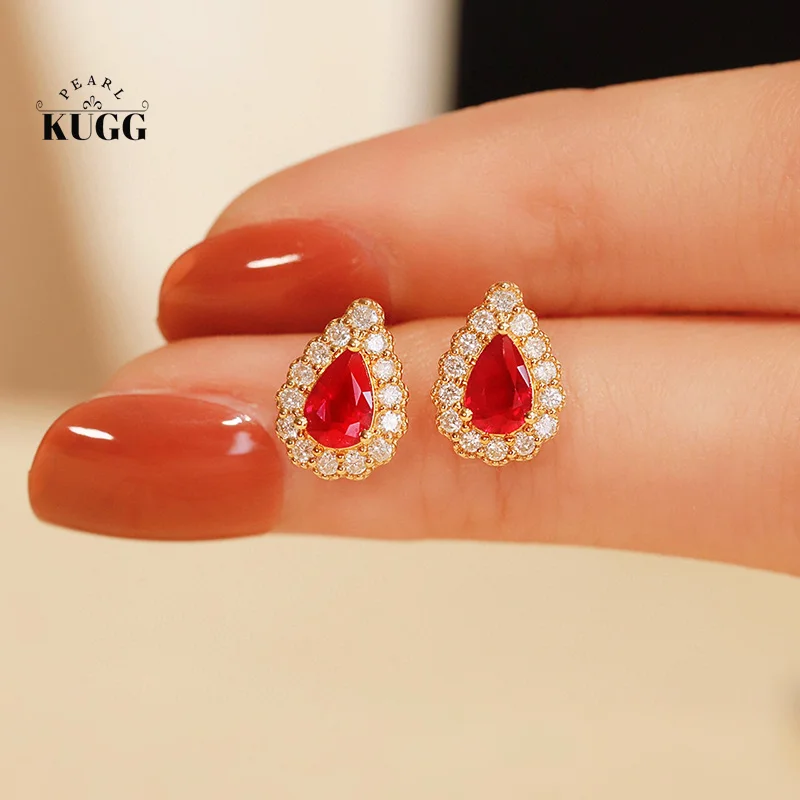 

KUGG 18K Rose Gold Earrings Elegant Water Drop Design Real Natural Ruby Shiny Diamond Gemstone Stud Earrings for Women Wedding