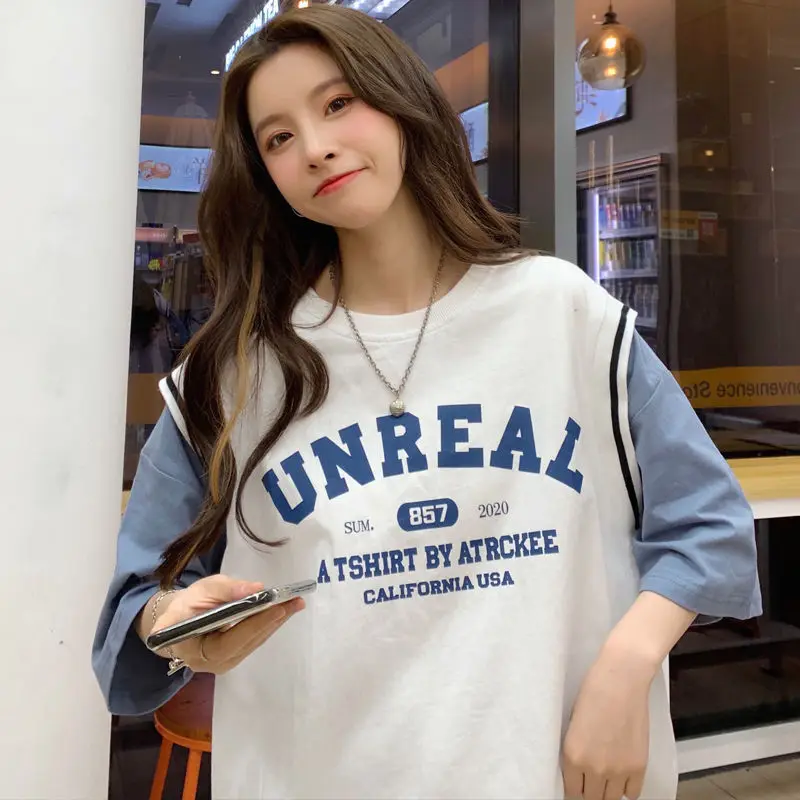 T-shirts Women Fake-two Letter All-match Summer Harajuku Half-sleeve Loose Tee-Tops College All-Match Casual Fashion Футболка