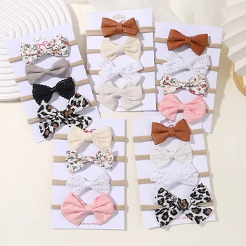 4Pcs/set Cotton Linen Leopard Printed Bow Baby Headband For Girls Newborn Headbands Lace…