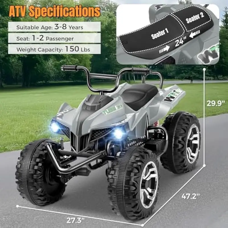 XL 24V Off-Road Quad for Kids 6–14, Dual Seat, 400W Motor, All-Terrain Tires, LED Lights, Spring Suspension, Adjustable Speed, 1