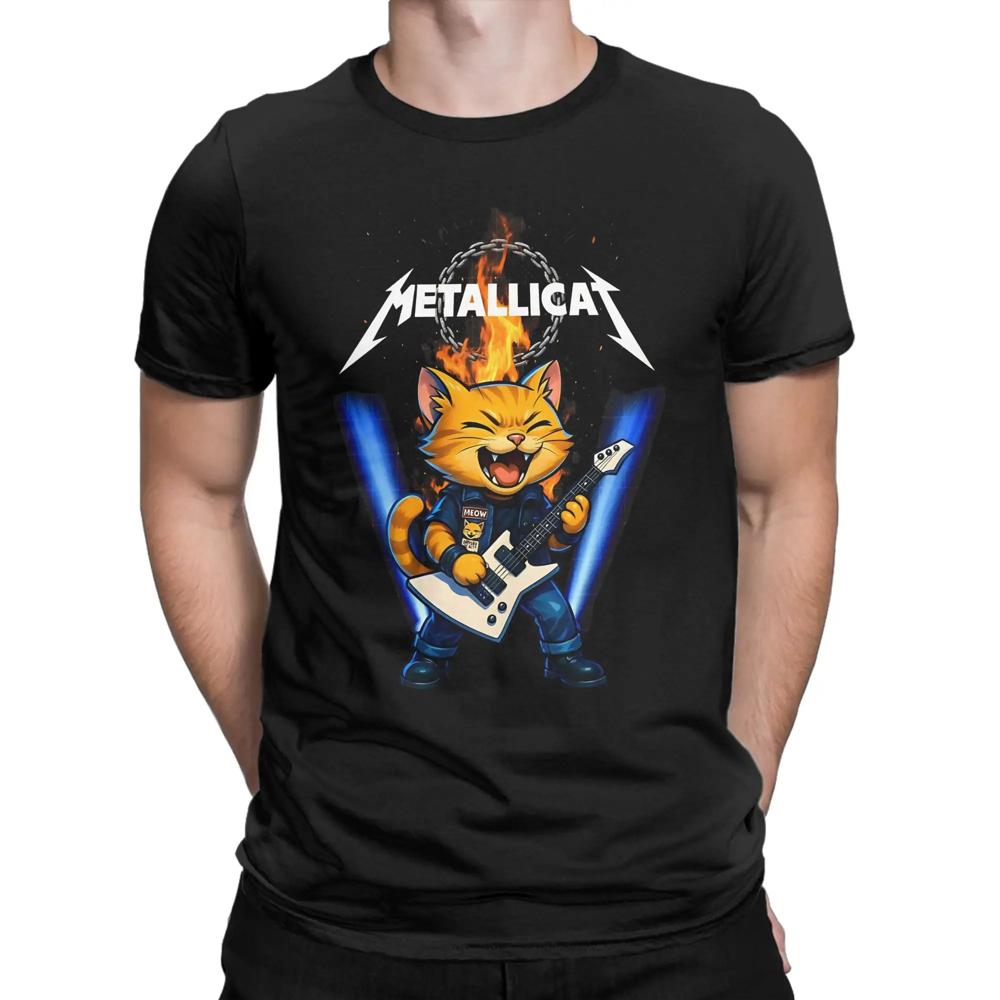 Metallicat  Whiskers, Riffs, and Rebellion Funny Graphic 100% Cotton T-Shirt Metallicaa Tops Tees For Men