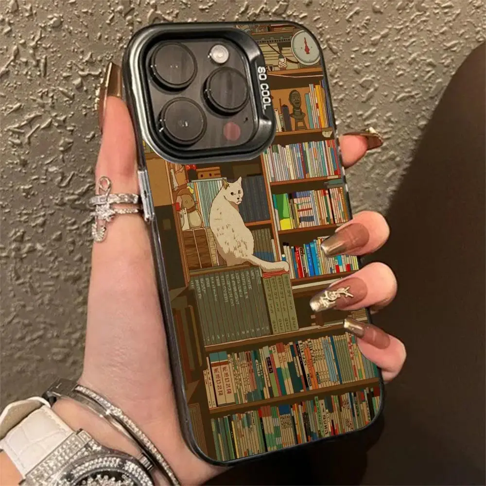 

Cute cat creative bookshelf mobile phone case suitable for iPhone 16 15 14 13 12 11 Pro/ Max/Plus shock-proof back cover