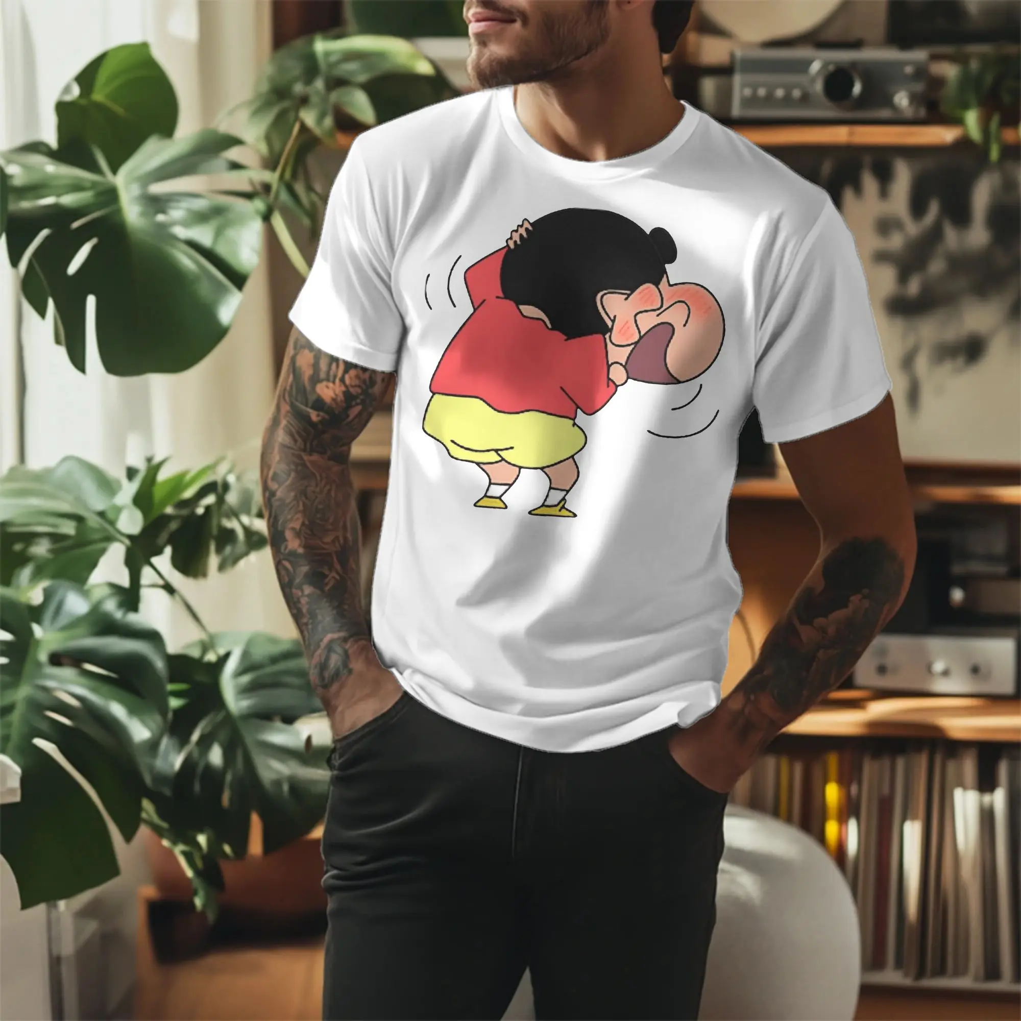 Kawaii Crayon Shin-chan Blushing  Tshirts Men Round Neck Short Sleeve Top Tee  Cotton Summer Clothing