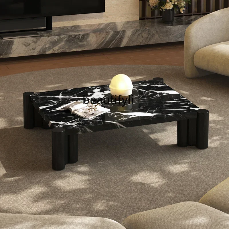 

200302 Natural marble solid wood offee table living room designer modern blak luxury stone offee table