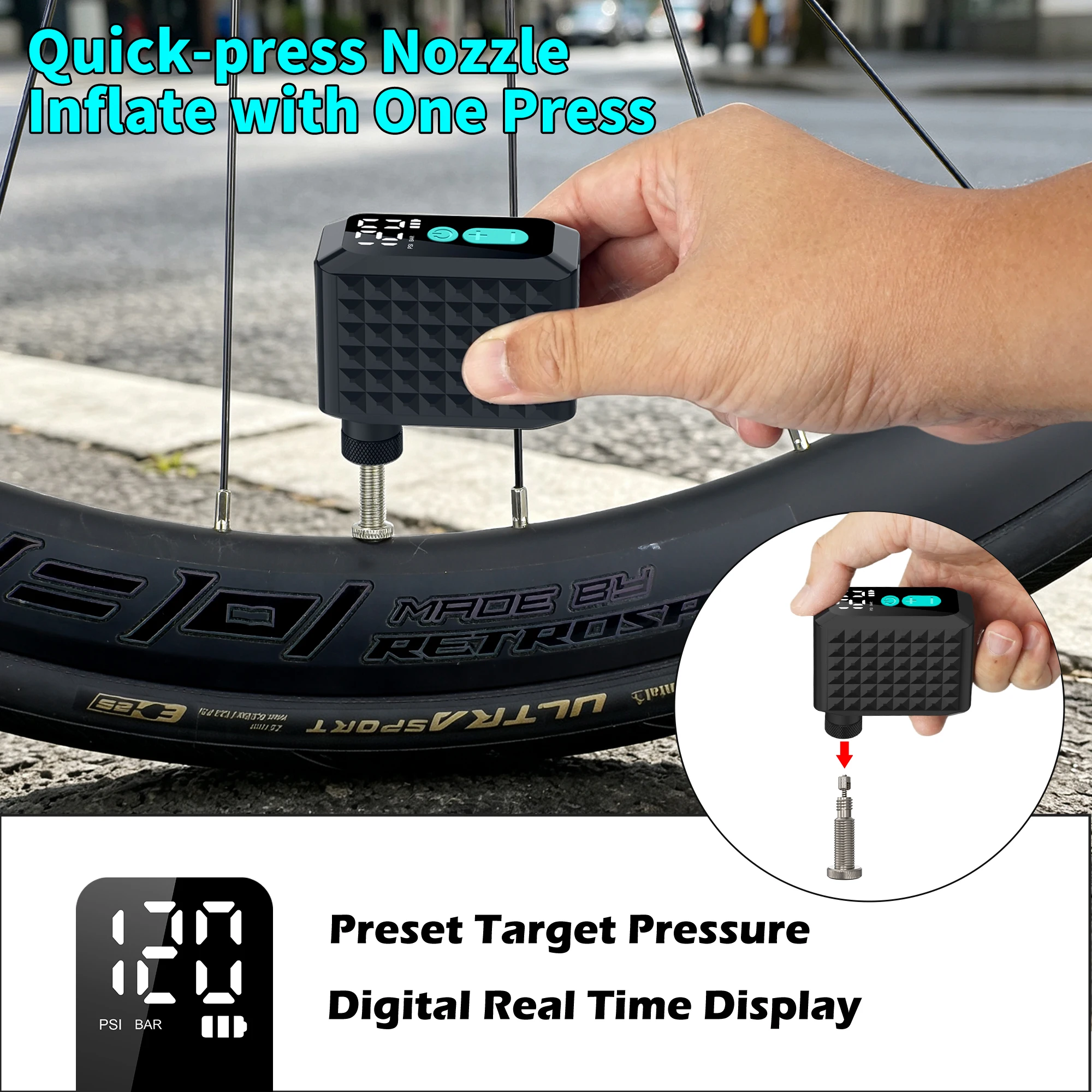 Electric Bike Pump 120PSI Tire Inflator with 4 in 1 Valves Presta Schrader Dunlop & Clik Valves Brushless Motor Digital Gauge