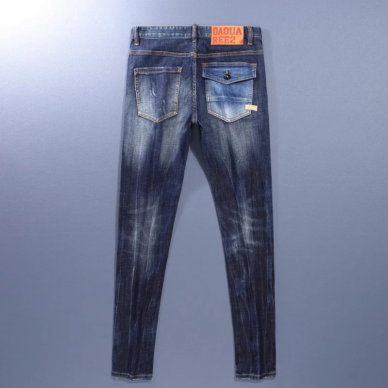 Y2K designer Street Fashion men's jeans, high-quality retro blue elastic slim fit corrugated jeans, designer retro brand pants