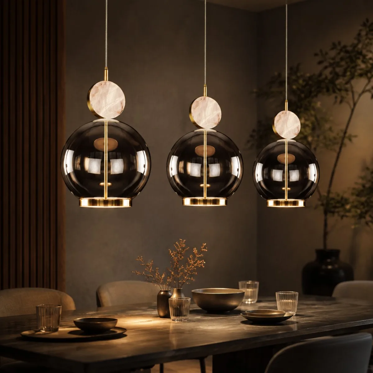 Modern Nordic 2026 Smoky Glass Globe Pendant Light Alabaster Stone Disc Brass Hanging Lamp for Bedside Kitchen Island Decor