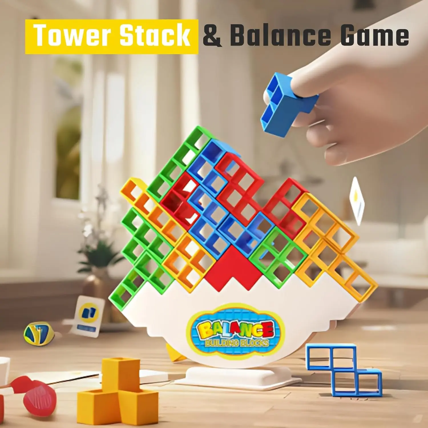 Jogo Tower Stack 32PCS com 22 cartas de jogo |   Blocos de construção de equilíbrio para crianças e adultos |   Jogos de tabuleiro para festas familiares, ecológicos