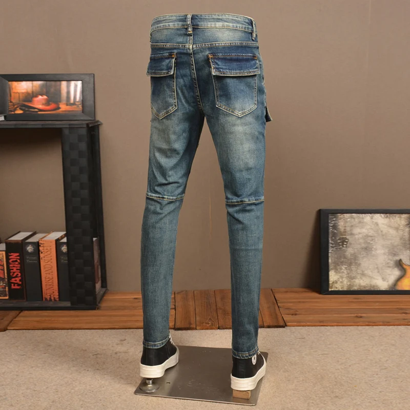 Jean Déchiré Rétro Bleu à Grande Poche pour Homme, Pantalon Cargo de Styliste, Hip Hop, à la Mode