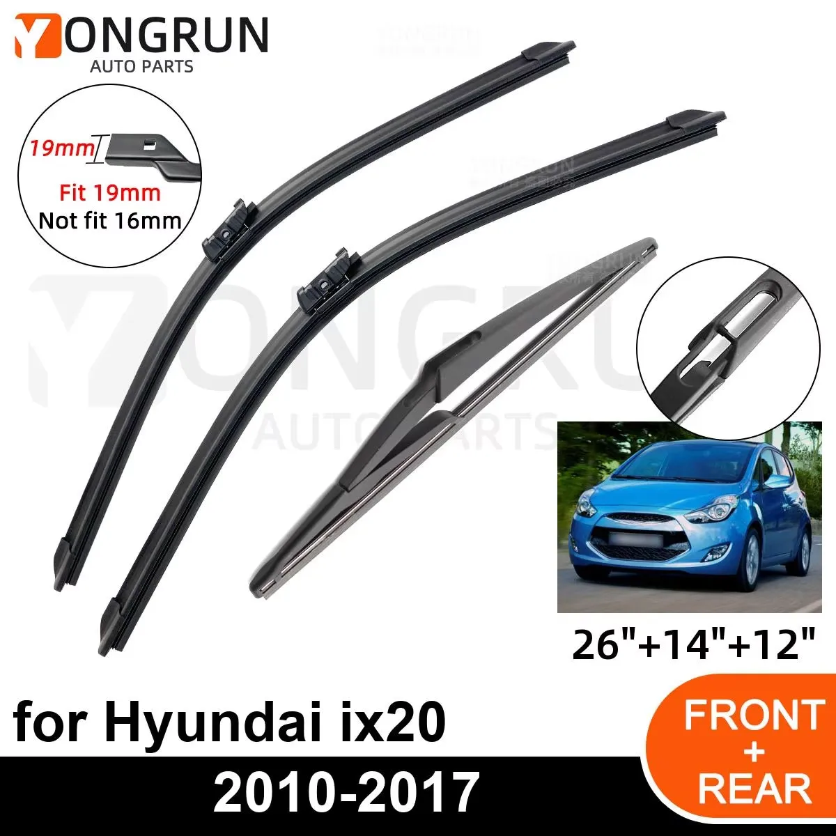 YONGRUN Kfz-Wischer-Optionales Set, geeignet für Hyundai Ix20 2010–2017, Vorder- und Heckscheibe, vier Jahreszeiten, langlebiger Wischer