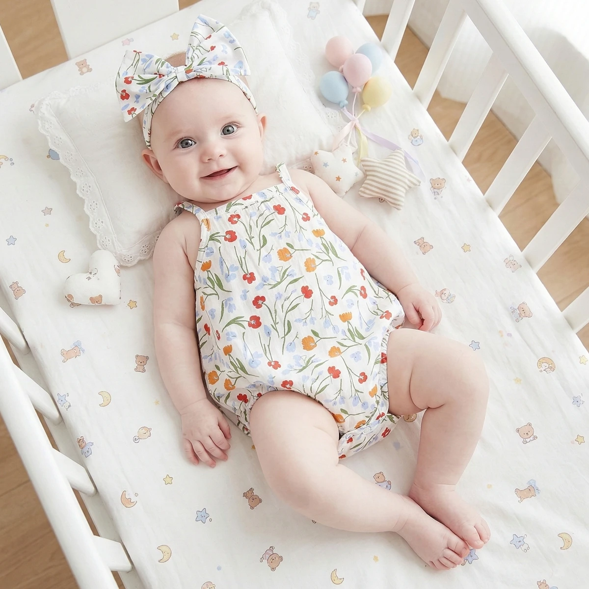 Cotton Sweet Baby Girls Bodysuits with Headband Floral Onesies Cute Infants Jumpsuits
